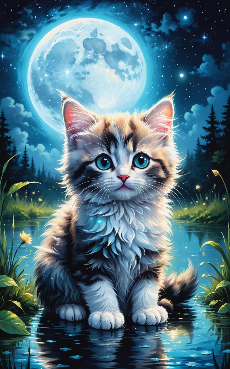 09637-228400221-Ultra detailed illustration of a cute fluffy kitten sitting in a clearing flooded with moonlight, starry sky, moon lost in a mag.png